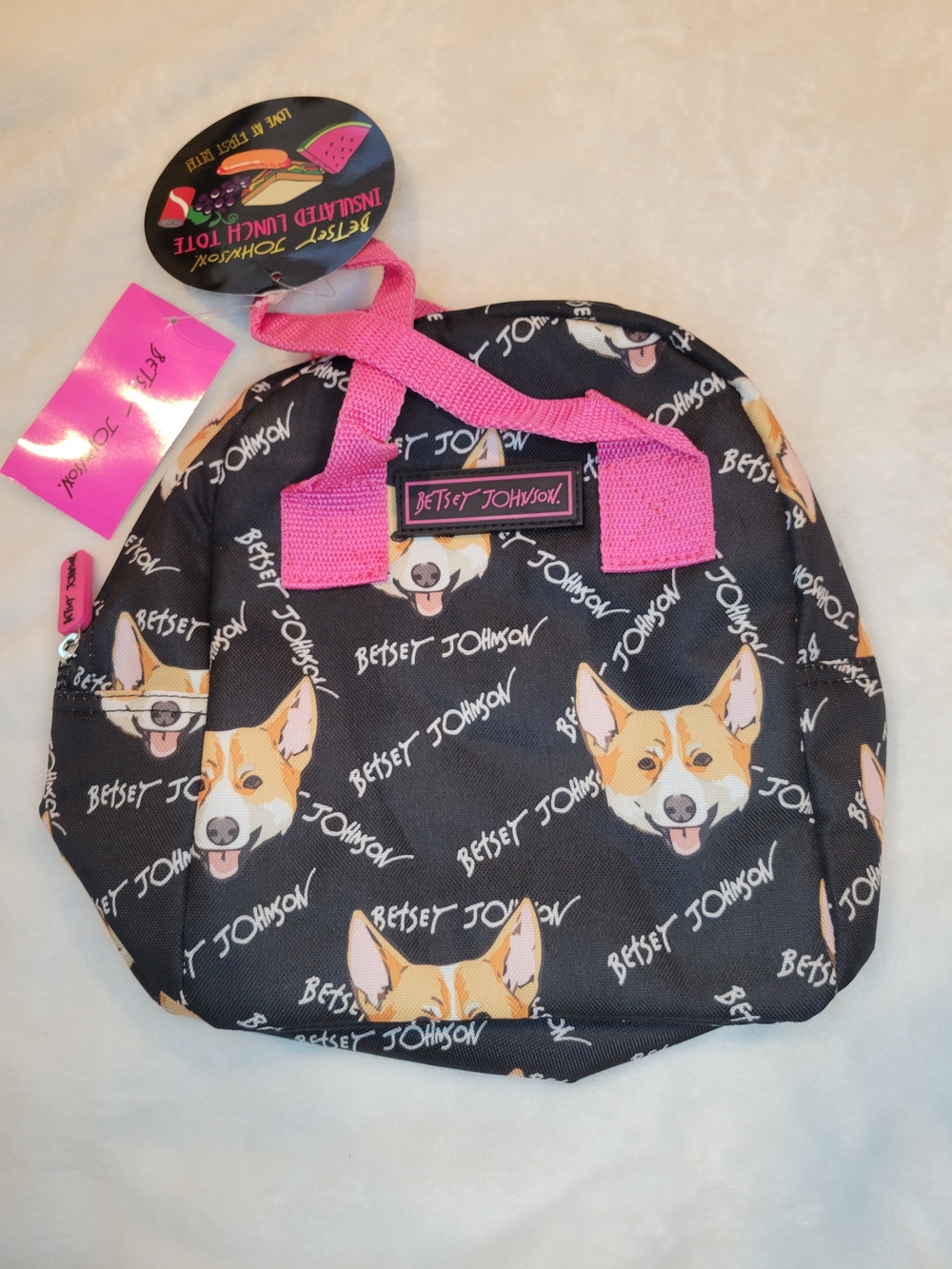 Betsey Johnson Insulated Lunch Bag Tote Cute Corgi Print Pink Accents
